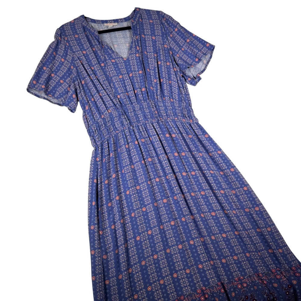 Knox‎ Rose Blue Boho Floral Geometric Smocked Waist Maxi Dress Lg Tiered Hippie